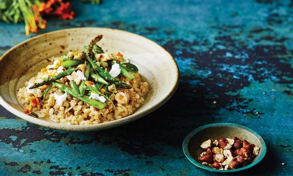 Thumbnail for Recipe: Pearl barley, asparagus, hazelnut and goats curd ‘risotto’
