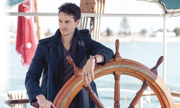 Murrayfield trench, $499, Clive Jacket, $499, Glencoe v-neck knit, $129.95, Carter Marino Scarf, $89.95, from MJ Bale; Gucci tiger watch, $2000, Gucci feline ring, $265, from James Thredgold Jeweller.