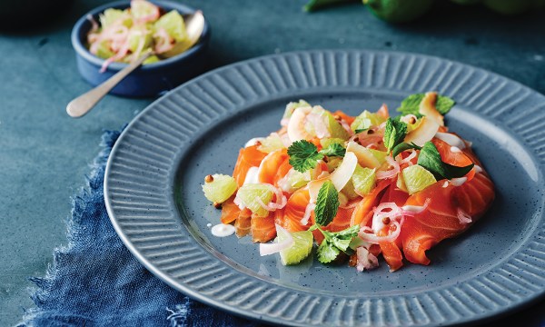 Thumbnail for Recipe: Lime cured salmon with coconut and sweet & sour lime