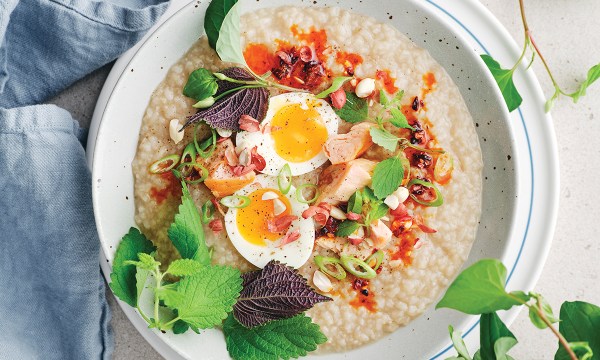 Thumbnail for Recipe: Congee with smoked trout, soft boiled eggs & crispy chilli