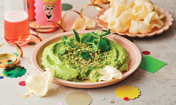 Thumbnail for Recipe: Pea & wasabi cream with furikake & prawn crackers