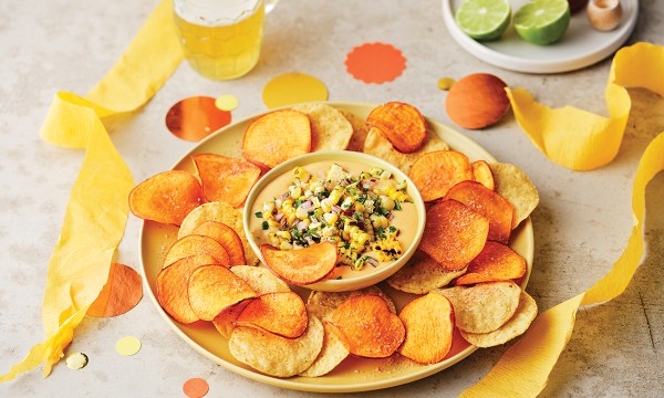 Thumbnail for Recipe: Corn & jalapeno queso with sweet potato crisps