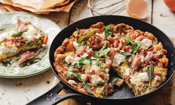 Thumbnail for Recipe: Open herbed frittata with goat’s curd and pork sausage