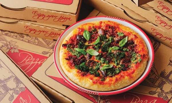 Thumbnail for Deep pan pizza with nduja, broccolini, olives and pesto