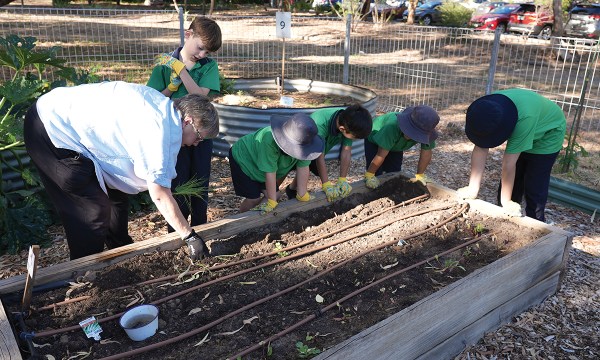 The garden is always active with the cycle of the seasons, as volunteer Lee-Anne helps students tend to a raised garden bed.