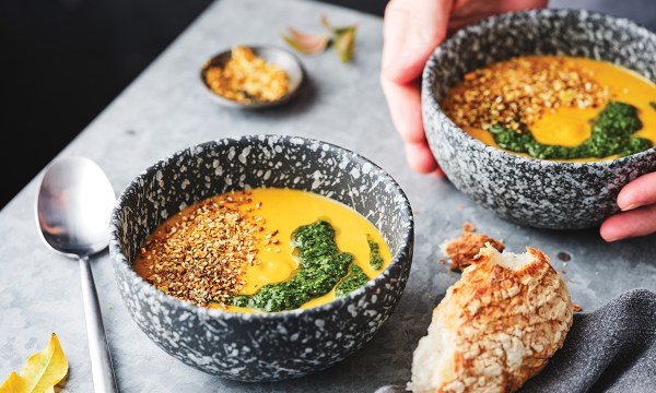 Thumbnail for Recipe: Roasting tray pumpkin soup with pumpkin leaf salsa verde and pumpkin seed dukkah