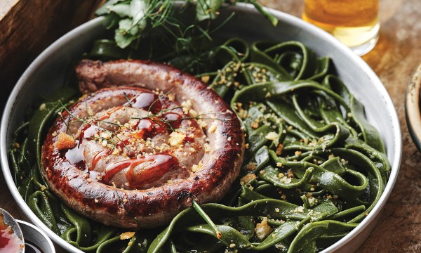 Thumbnail for Kangaroo and pork sausages with barbecue sauce, warrigal greens and fennel butter noodles