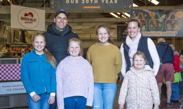 Abelsway Farm's John and Hannah Royce at the Barossa Farmers Market with daughters Louisa, Philippa, Joanna and Nicola. The family business supplies restaurants such as Hentley Farm, Arkhe and Artisans of Barossa. Photo: Ben Kelly.