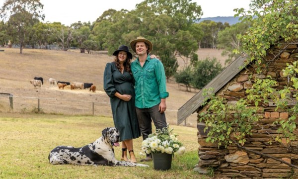 Emma Gilbert and Ryan French in the hills of Clarendon where they breed heritage poultry and cattle. Photograph: Ben Kelly.