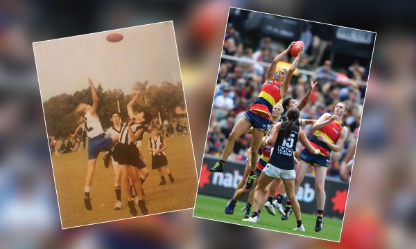 The evolution of a champion: Chelsea Randall in action as a child for the Safety Bay Stingers (left) and as an AFLW premiership captain. 