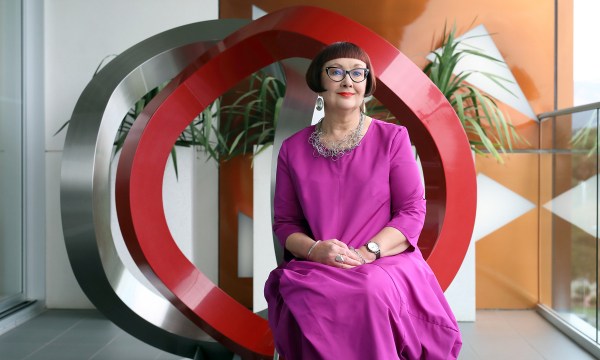 Diana Jaquillard at her city home with a piece by sculptor James Worth.