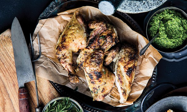Thumbnail for Recipe: Brined chicken with green romesco sauce