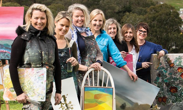 Sarah McDonald, Amber Stokie, Greta Laundy, Romany Mollison, Sonya Unwin, Cathy Gray and Elisabeth Howlett at the Lenswood property that inspired Ode to the Orchard. Mariana Mezic, the eighth Frida, was painting elsewhere.