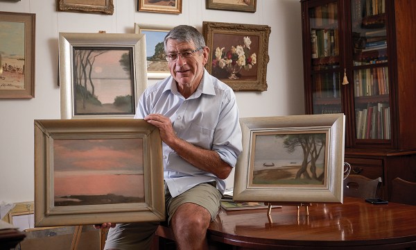 Roscoe Shelton has loaned three Clarice Beckett paintings for the Art Gallery of SA exhibition: Sunset, Sunset on the Bay and Early morning, fishing.