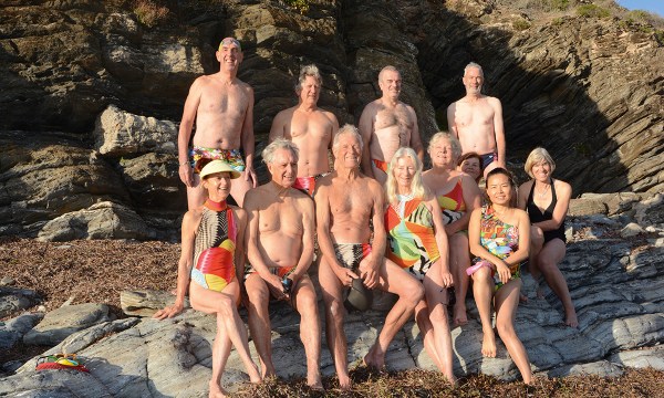 Glenda Eichner (seated, far left) has designed and made eye-catching and matching bathers for herself and fellow Second Valley Swimming Association Members.