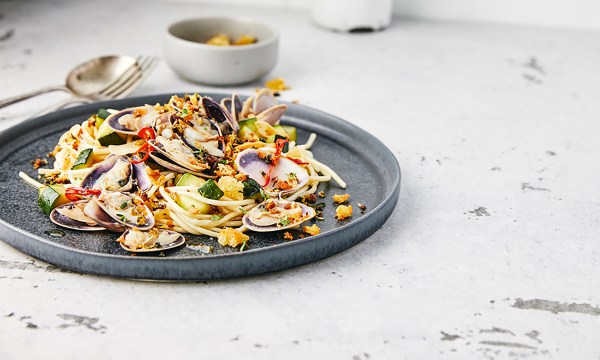Thumbnail for Recipe: Cockles with linguine, zucchini and thyme breadcrumbs