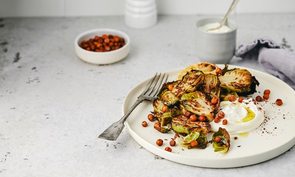 Thumbnail for Recipe: Roasted Brussels sprouts with whipped feta and spiced chickpeas
