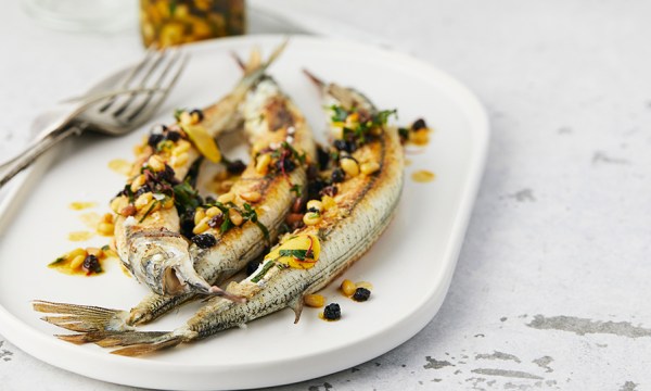 Thumbnail for Recipe: Garfish with pine nut and saffron salsa