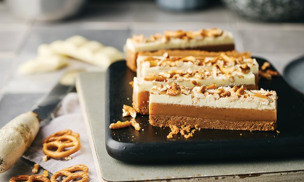 Thumbnail for Recipe: White chocolate & pretzel millionaire slice