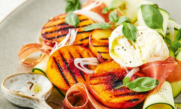 Thumbnail for Recipe: Yellow nectarine, prosciutto, basil and buffalo mozzarella salad