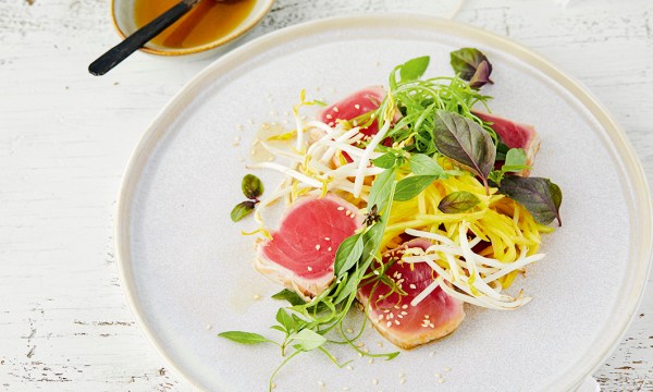 Thumbnail for Recipe: Seared tuna steaks with green mango and herb salad