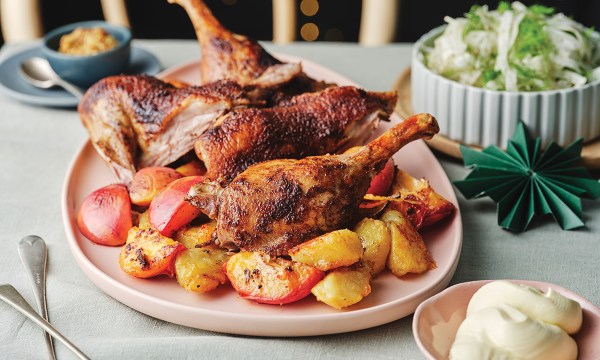 Thumbnail for Recipe: Slow roast duck with nectarines and potatoes
