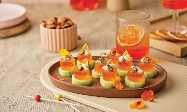 Thumbnail for Recipe: Aperol Spritz jellies with ricotta cream and caperberries