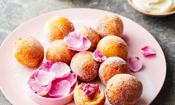 Thumbnail for Recipe: Ricotta doughnuts with rose petal jam & honey cream