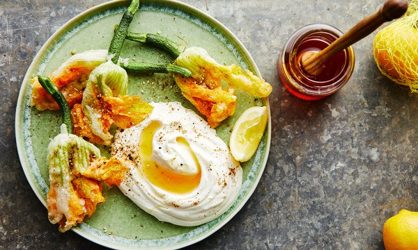 Thumbnail for Recipe: Crispy zucchini flowers with whipped feta & smoked honey