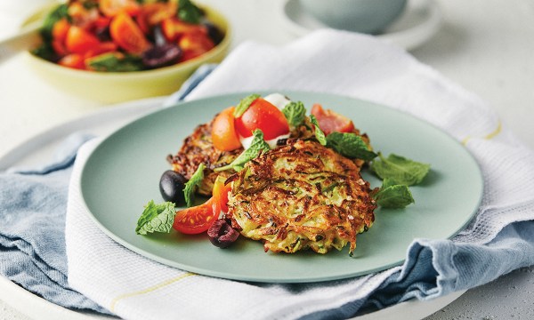 Thumbnail for Recipe: Zucchini & halloumi fritters with tomato salad and herb yoghurt