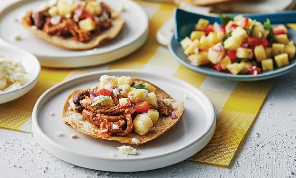 Thumbnail for Recipe: Pulled chicken tostadas with pineapple salsa