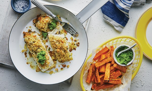 Thumbnail for Recipe: Crusted baked barramundi with sweet potato chips and pea pesto