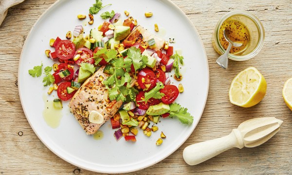 Thumbnail for Recipe: Lemon lime salmon with chargrilled corn & fresh tomato salsa