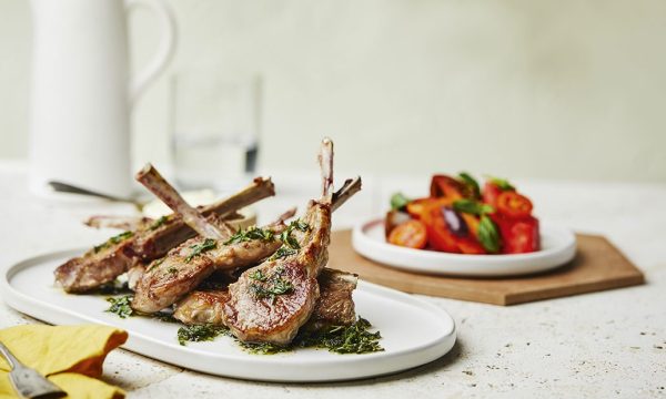 Thumbnail for Recipe: Oregano lamb cutlets with heirloom tomato, watermelon and feta salad