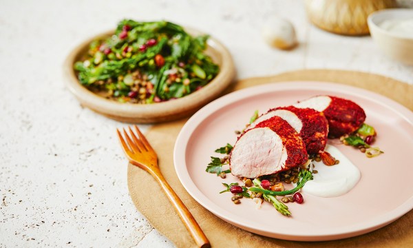 Thumbnail for Recipe: Sumac pork with pomegranate lentil tabouli and yoghurt sauce