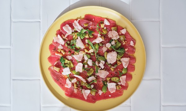 Thumbnail for Recipe: Tuna carpaccio with green olive & caper vinaigrette and prawn crackers