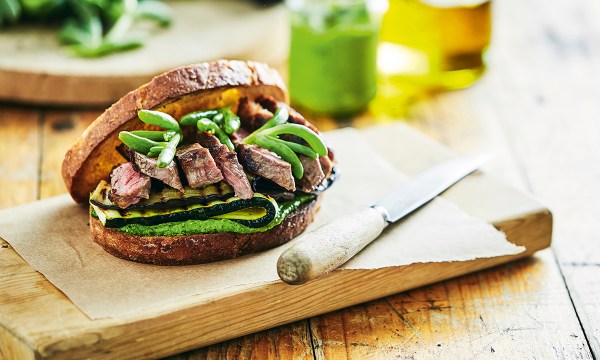 Thumbnail for Steak and pesto sandwich with pickled karkalla