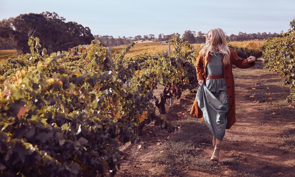 Eliza dress, $349, Emmerson trench, $399, from Morrison; Polo Equestrian wrap belt, $258, from Ralph Lauren; Annika suede boot, $269.95, from Jo Mercer.
