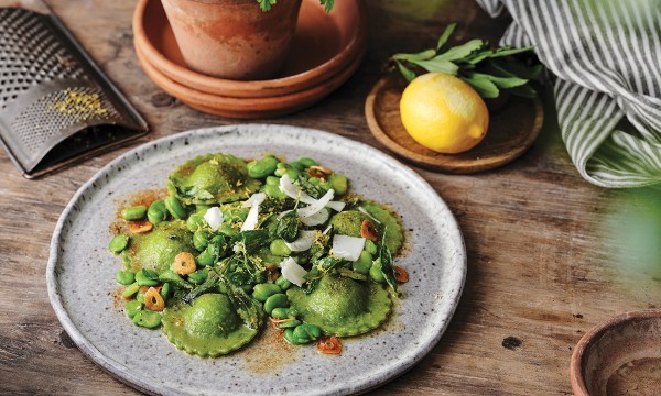 Thumbnail for Recipe: Green ravioli with broad beans, goats cheese & tarragon