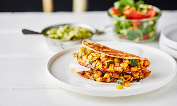 Thumbnail for Recipe: Zucchini and corn quesadillas with guacamole and salsa