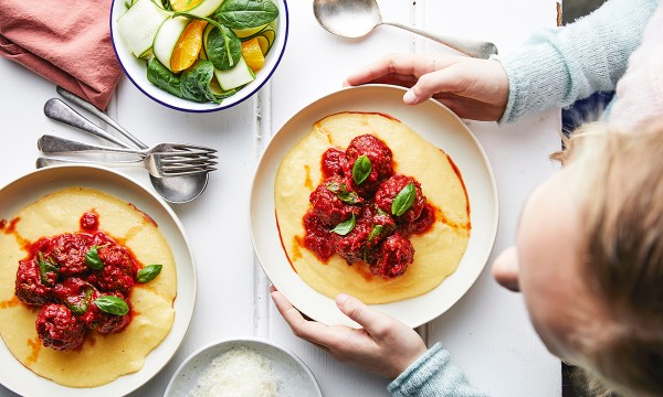 Thumbnail for Recipe: Lamb meatballs on polenta with zucchini and orange salad
