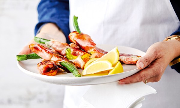 Thumbnail for Recipe: Baked zucchini flowers with goats curd and prosciutto 