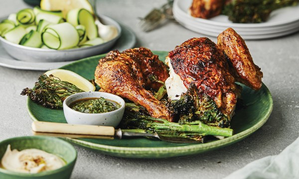 Thumbnail for Recipe: Whole roasted chicken with chermoula, zucchini and white bean puree