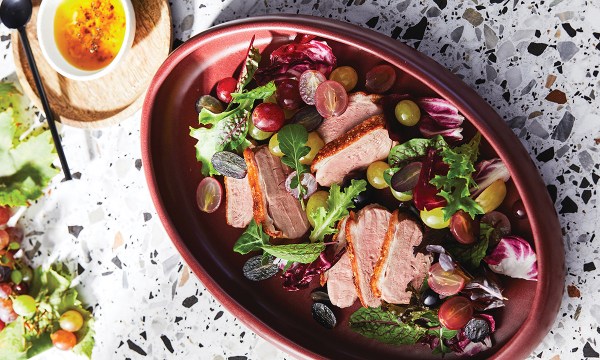 Thumbnail for Recipe: Roasted duck breast salad with pickled grapes & mixed leaves
