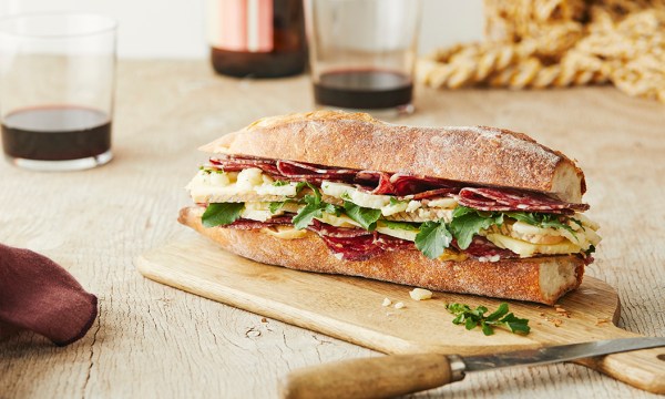 Thumbnail for Recipe: Baguette with black garlic butter, salame, cheese and cauliflower salad