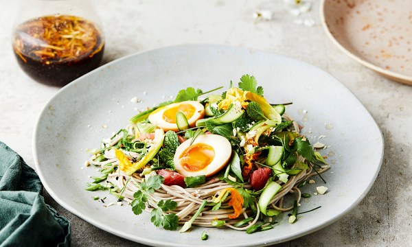 Thumbnail for Recipe: Ramen egg with soba noodle, zucchini flower and ruby grapefruit salad