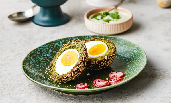 Thumbnail for Recipe: Falafel scotch eggs with green goddess sauce
