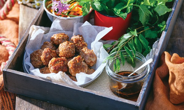 Thumbnail for Recipe: Bun cha with sweet & sour eggplant relish and vegetable ‘noodles’