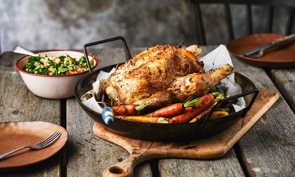 Thumbnail for Recipe: Roasted Moroccan chicken with baby carrots and quinoa salad