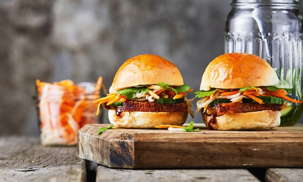 Thumbnail for Recipe: Pork banh mi sliders with pickled carrot and daikon and sesame cured cucumber